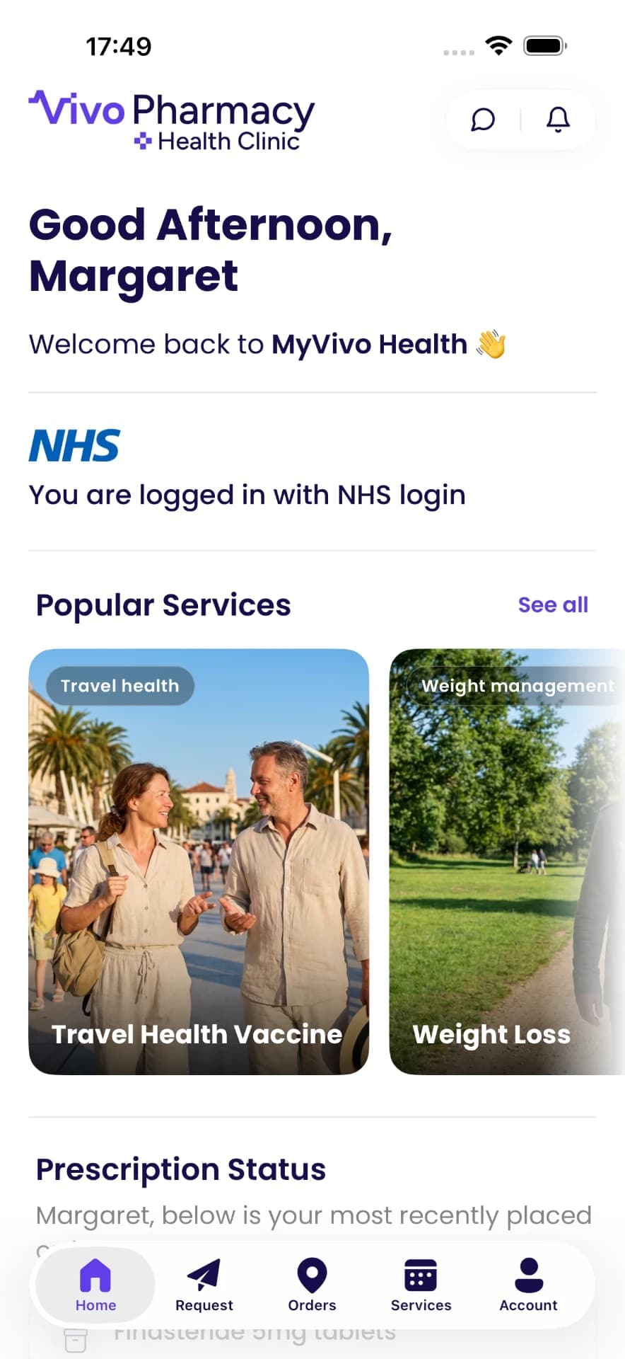 Vivo Pharmacy app home screen showing popular services and prescription status